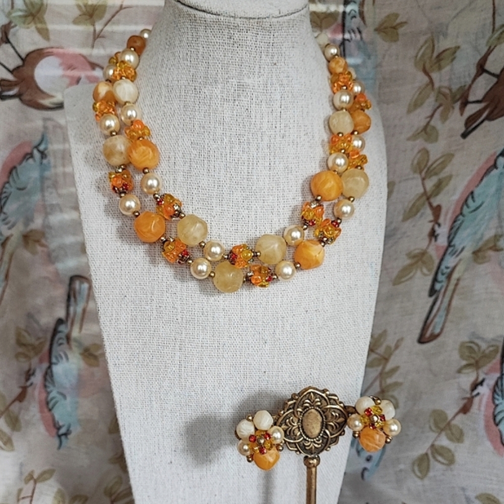 DEAUVILLE Vintage Orange Yellow Faux Pearls Dual Strand Necklace & Earrings Set
